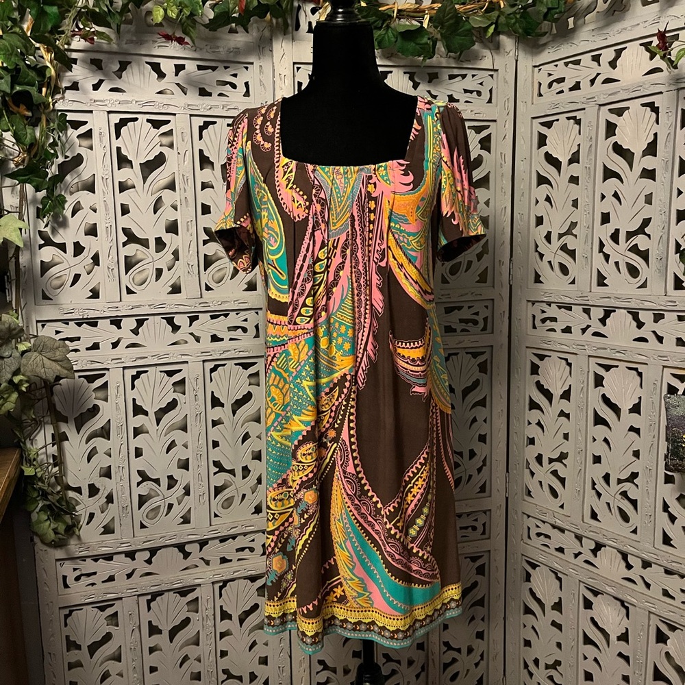 ICE Incredible retro style brown pink & multicolors short sleeve midi dress